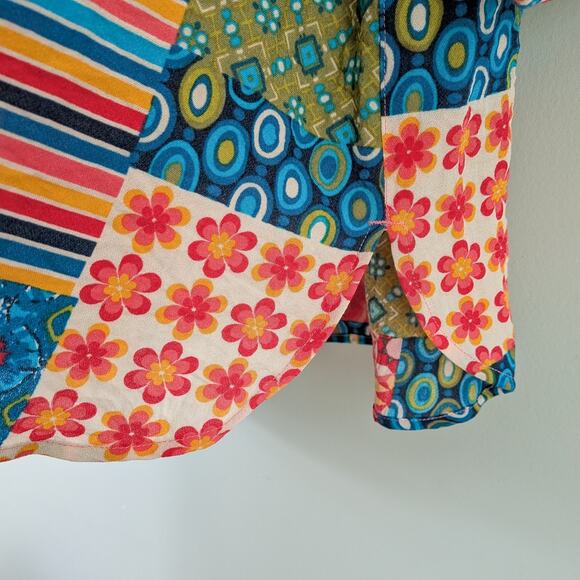 John Mark Button Top 2X 2XL Multicolor Patchwork Floral Pink Blue Colorful Artsy - Picture 11 of 15